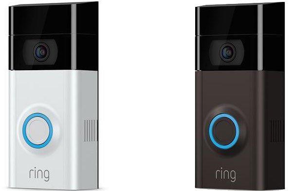 Two Ring Video Doorbell side by side: the left with Satin Nickel faceplate, and the right one with Venetian Bronze faceplate